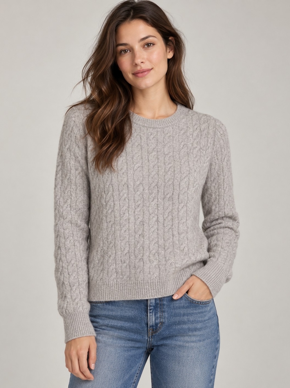 LOFT Gray Cable-Knit Crewneck Sweater